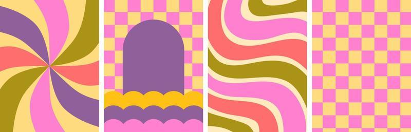 Set of 70s retro backgrounds. Poster template. Chessboard, waves, swirls. Groovy hippie psychedelic vibes. Wall art. Social media