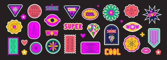 Set of retro futuristic stickers, labels, patches. 60s, 70s, 80s, 90s. Y2k. Bright vivid acid colors. Geometric abstract shapes. vector