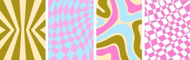 Set of 60s, 70s, 80s, 90s retro backgrounds. Poster and banner template. Chessboard, waves, swirls. Groovy hippie vibes. Wall art. Y2k. vector