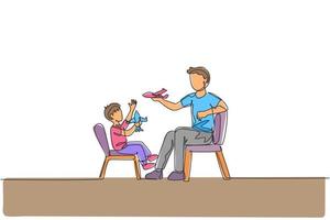 One single line drawing young dad and his son sitting on chair and playing airplane toy together at home vector graphic illustration. Happy family bonding concept. Modern continuous line draw design