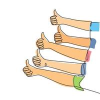 One line drawing of people arm hands with thumbs up gesture. Good service excellence in business sector concept. Continuous line draw design vector graphic illustration