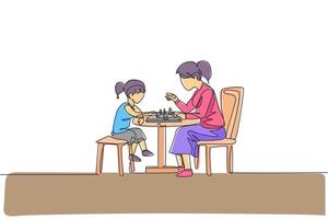 One single line drawing of young mom and her son siting on chair and playing chess game together at home vector illustration. Happy family bonding concept. Modern continuous line draw design graphic