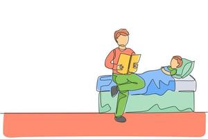 un dibujo de una sola línea de un padre joven sentado en el dormitorio y leyendo un libro de cuentos a su hijo antes de dormir ilustración vectorial. concepto de crianza de los hijos de familia feliz. diseño moderno de dibujo de línea continua vector