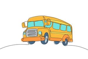 Single one line drawing of old classic school bus for elementary school student. Back to school minimalist, education concept. Continuous simple line draw style design graphic vector illustration