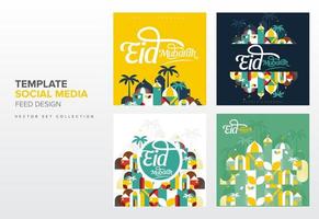Eid mubarak geometric style template for social media, feed, story, reel post design set collection vector