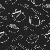 Hand drawn cooking set seamless pattern on chalkboard vector