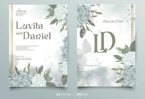 plantilla de invitación de boda de acuarela con adorno de flores blancas y verdes vector