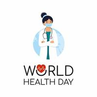 Woman doctor with stethoscope on background of planet earth. World health day. Logo for web banner. vector