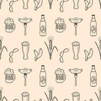 National Beer Day in USA. Oktoberfest. Seamless pattern for pub. Vector doodle illustration with alcohol and fried sausage. Menu design. Pattern. Printing on package.