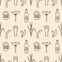 National Beer Day in USA. Oktoberfest. Seamless pattern for pub. Vector doodle illustration with alcohol and fried sausage. Menu design. Pattern. Printing on package.