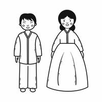 hombre y mujer con asiático apariencia. hanbok tradicional coreano ropa. vector garabatear ilustración. personaje.