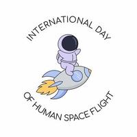 International Day of Human Space Flight.  Astronaut is flying on rocket. vector