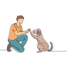 One single line drawing of young happy boy giving high five gesture to his puppy dog at outfield park. Pet care and friendship concept. Continuous line draw graphic design vector illustration