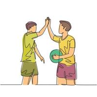 One line drawing of two young happy man playing basket ball on outfield court and giving high five gesture. Healthy sport lifestyle concept. continuous line draw design graphic illustration vector