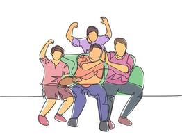 One single line drawing of young happy group fans siting on sofa and watching their favorite club playing the match on the television. Fans club concept continuous line draw design vector illustration