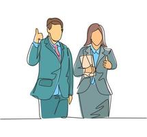 Single line drawing of young happy couple businessman and businesswoman giving thumbs up gesture. Business teamwork concept. Continuous line draw design vector illustration