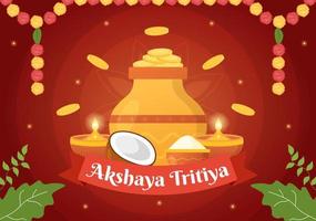 akshaya tritiya festival ilustración con un dorado kalash, maceta y oro monedas para Dhanteras celebracion en mano dibujado para aterrizaje página plantillas vector