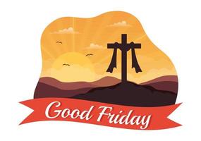 Happy Good Friday Illustration with Christian Holiday of Jesus Christ Crucifixion in Flat Cartoon Hand Drawn for Web Banner or Landing Page Templates vector