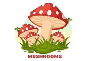 Mushrooms Illustration with Different Mushroom, Grass and Insects for Web Banner or Landing Page in Flat Cartoon Hand Drawn Templates vector