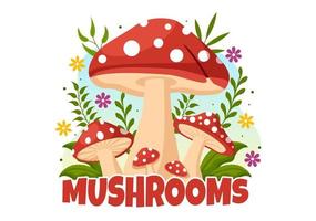 Mushrooms Illustration with Different Mushroom, Grass and Insects for Web Banner or Landing Page in Flat Cartoon Hand Drawn Templates vector