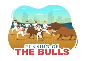 Running of the Bulls Illustration with Bullfighting Show in Arena in Flat Cartoon Hand Drawn for Web Banner or Landing Page Template vector