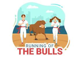 Running of the Bulls Illustration with Bullfighting Show in Arena in Flat Cartoon Hand Drawn for Web Banner or Landing Page Template vector