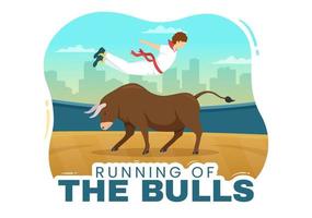 Running of the Bulls Illustration with Bullfighting Show in Arena in Flat Cartoon Hand Drawn for Web Banner or Landing Page Template vector