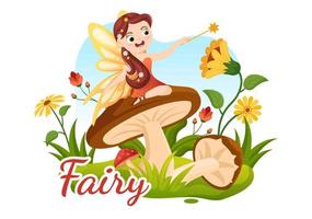 Beautiful Flying Fairy Illustration with Elf, Landscape Tree and Green Grass in Flat Cartoon Hand Drawn for Web Banner or Landing Page Templates vector