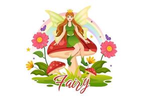 Beautiful Flying Fairy Illustration with Elf, Landscape Tree and Green Grass in Flat Cartoon Hand Drawn for Web Banner or Landing Page Templates vector