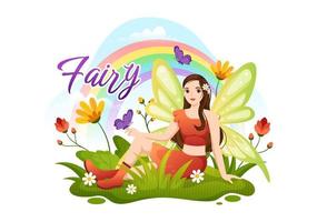 Beautiful Flying Fairy Illustration with Elf, Landscape Tree and Green Grass in Flat Cartoon Hand Drawn for Web Banner or Landing Page Templates vector