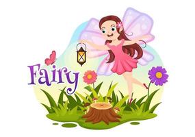 Beautiful Flying Fairy Illustration with Elf, Landscape Tree and Green Grass in Flat Cartoon Hand Drawn for Web Banner or Landing Page Templates vector