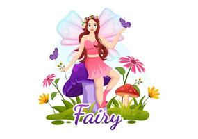 Beautiful Flying Fairy Illustration with Elf, Landscape Tree and Green Grass in Flat Cartoon Hand Drawn for Web Banner or Landing Page Templates vector