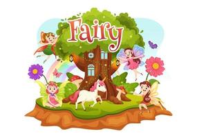 Beautiful Flying Fairy Illustration with Elf, Landscape Tree and Green Grass in Flat Cartoon Hand Drawn for Web Banner or Landing Page Templates vector