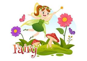 Beautiful Flying Fairy Illustration with Elf, Landscape Tree and Green Grass in Flat Cartoon Hand Drawn for Web Banner or Landing Page Templates vector