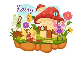 Beautiful Flying Fairy Illustration with Elf, Landscape Tree and Green Grass in Flat Cartoon Hand Drawn for Web Banner or Landing Page Templates vector