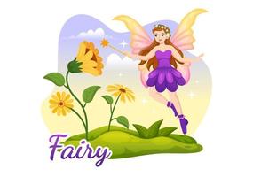 Beautiful Flying Fairy Illustration with Elf, Landscape Tree and Green Grass in Flat Cartoon Hand Drawn for Web Banner or Landing Page Templates vector