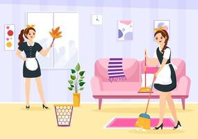 Professional Girl Maid Illustration of Cleaning Service Wearing her Uniform with Apron for Clean a House in Flat Cartoon Hand Drawn Templates vector