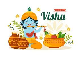 Happy Vishu Festival Illustration with Traditional Kerala Kani, Fruits and Vegetables for Landing Page in Flat Cartoon Hand Drawn Templates vector