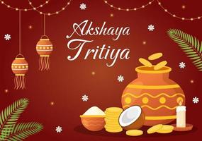 akshaya tritiya festival ilustración con un dorado kalash, maceta y oro monedas para Dhanteras celebracion en mano dibujado para aterrizaje página plantillas vector