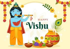 contento vishu festival ilustración con tradicional kerala kani, frutas y vegetales para aterrizaje página en plano dibujos animados mano dibujado plantillas vector