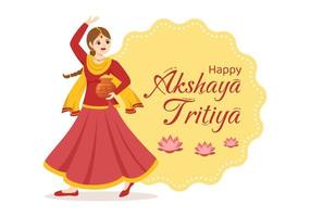 akshaya tritiya festival ilustración con un dorado kalash, maceta y oro monedas para Dhanteras celebracion en mano dibujado para aterrizaje página plantillas vector