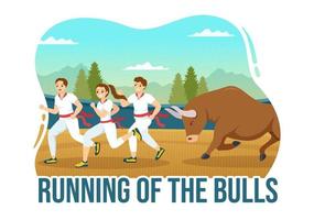 Running of the Bulls Illustration with Bullfighting Show in Arena in Flat Cartoon Hand Drawn for Web Banner or Landing Page Template vector