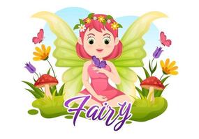 Beautiful Flying Fairy Illustration with Elf, Landscape Tree and Green Grass in Flat Cartoon Hand Drawn for Web Banner or Landing Page Templates vector