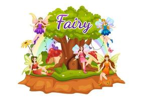 Beautiful Flying Fairy Illustration with Elf, Landscape Tree and Green Grass in Flat Cartoon Hand Drawn for Web Banner or Landing Page Templates vector