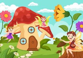 Beautiful Flying Fairy Illustration with Elf, Landscape Tree and Green Grass in Flat Cartoon Hand Drawn for Web Banner or Landing Page Templates vector