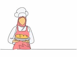 Continuous one line drawing of young beauty woman chef in uniform serving main dish to customer at hotel restaurant. Healthy organic food concept single line draw graphic design vector illustration