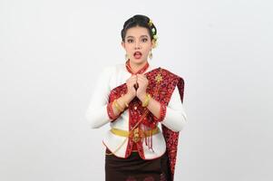 Portrait of Beautiful Thai Woman in Traditional Clothing excited Posing photo