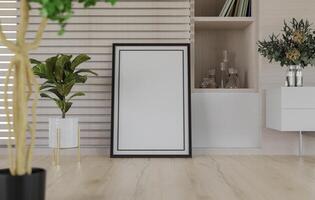 3D mockup blank photo frame in living room rendering