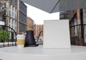 3D mockup blank menu board on table of coffee shop rendering photo