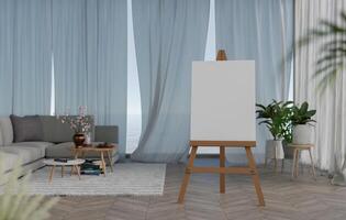 3D mockup blank photo frame on tripod in living room rendering